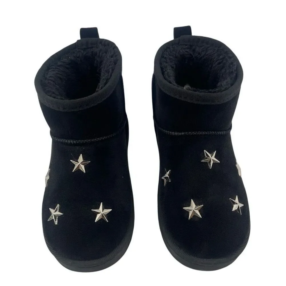 Chulis Girls Black Star Studded Faux Fur Ankle Boots Size 13